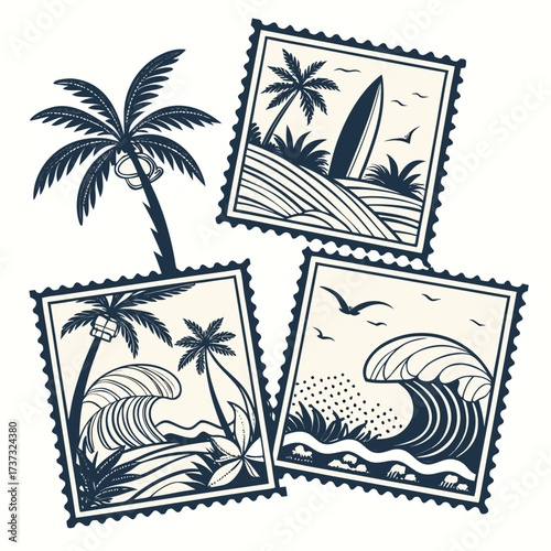 Vector art of nautical postage stamps showcasing palm trees, surfboards, and crashing waves, capturing the essence of coastal living and adventurous water sports