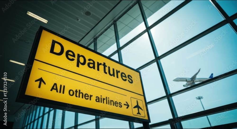 Obraz premium Airport departures sign with airplane seen through the window