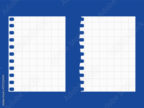 Torn notebook grid pages on blue background for scrapbooking and notes