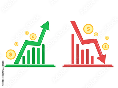 Stock market bar chart showing rising green bars and falling red bars with coins