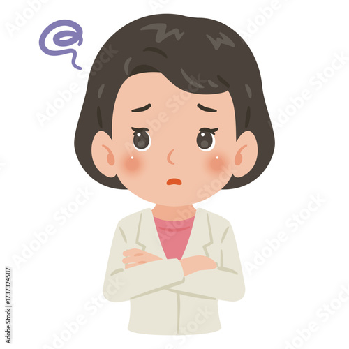 白衣を着た困る女性　上半身イラスト／Troubled woman wearing a white coat　upper body illustration