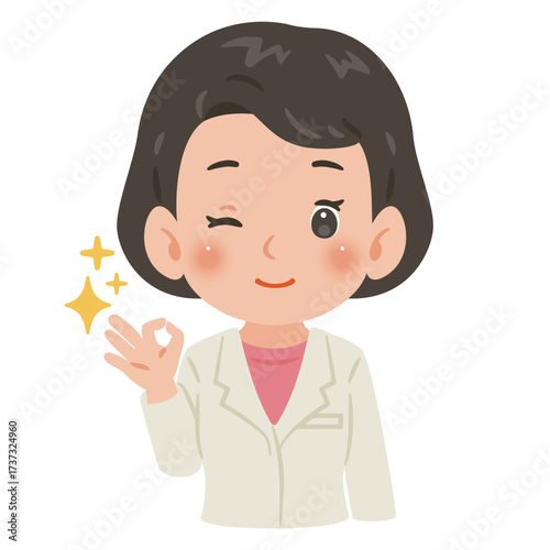 白衣を着たOKサインを出す女性　上半身イラスト／Woman wearing a white coat making an OK sign　upper body illustration