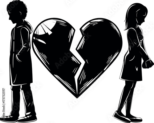 Sad boy and girl standing apart with shattered heart symbol
