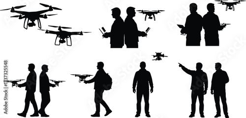 Drone silhouettes with operators, human interaction, drone piloting, aerial technology, remote