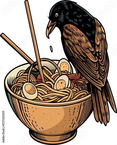 A cartoon vector illustration of a brown falcon or hawk perched on a branch, isolated against a white background, featuring detailed feathers and a prominent beak