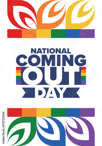National Coming Out Day. Happy holiday. Pride month. LGBT rainbow flag. Diversity and equality. Gay and lesbian. Free love, heart shape. Illustration. Vector poster