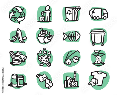 Types of garbage and recycling. Set of hand-drawn conceptual illustrations. Cartoon style in vector.