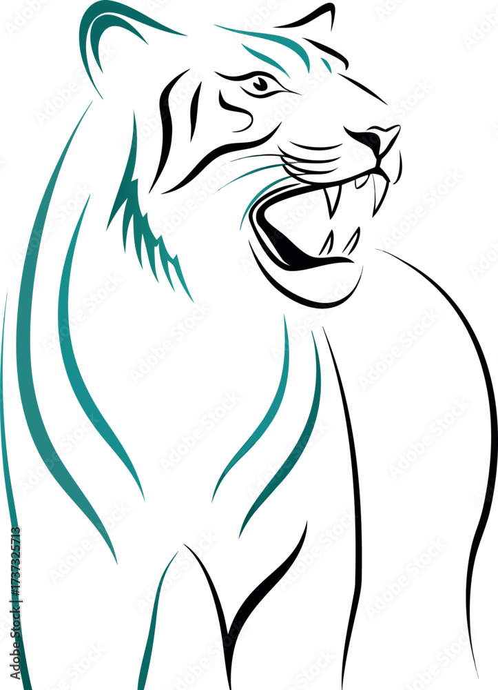 Naklejka premium Roaring Tiger Illustration: An artistic illustration of a majestic tiger in a moment of intensity, the tiger's fierce roar accentuated by striking lines and vibrant teal accents.