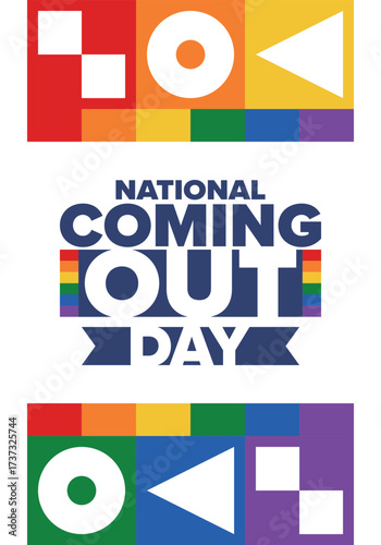 National Coming Out Day. Happy holiday. Pride month. LGBT rainbow flag. Diversity and equality. Gay and lesbian. Free love, heart shape. Illustration. Vector poster