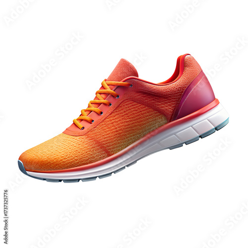A vibrant orange and pink running shoe with a white sole, isolated on a transparent background, ideal for fitness, sports, and active lifestyle imagery