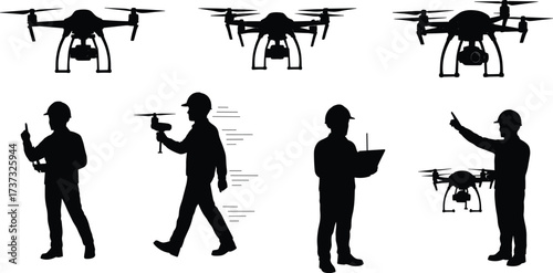 Drone operation silhouettes, industrial workers, hard hats, remote control, aerial technology,