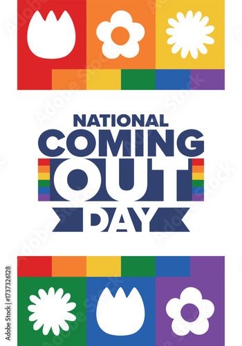 National Coming Out Day. Happy holiday. Pride month. LGBT rainbow flag. Diversity and equality. Gay and lesbian. Free love, heart shape. Illustration. Vector poster