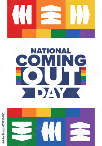 National Coming Out Day. Happy holiday. Pride month. LGBT rainbow flag. Diversity and equality. Gay and lesbian. Free love, heart shape. Illustration. Vector poster