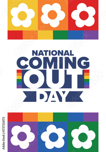 National Coming Out Day. Happy holiday. Pride month. LGBT rainbow flag. Diversity and equality. Gay and lesbian. Free love, heart shape. Illustration. Vector poster