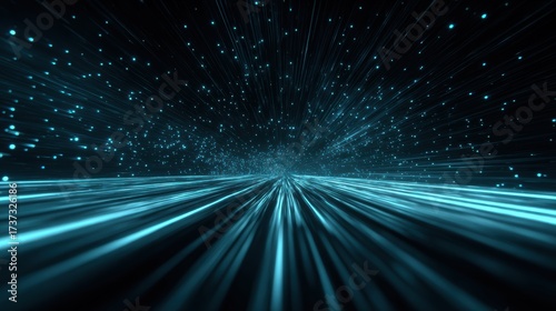 A mesmerizing abstract digital background featuring streaks of blue light radiating in a dynamic motion.