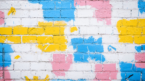 A vibrant, abstract wall featuring splashes of blue, pink, yellow, and white paint, creating a colorful and artistic urban backdrop.
