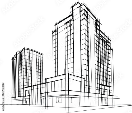 Architectural sketch of a residential building's exterior facade with a detailed window design and construction plan