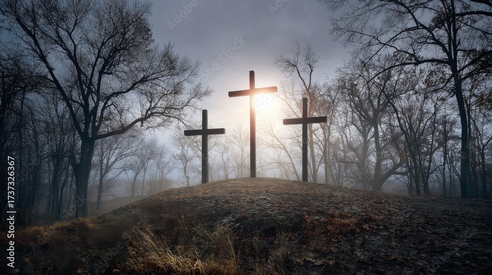 Obraz premium Three large crosses stand on a misty hill during sunrise or sunset,