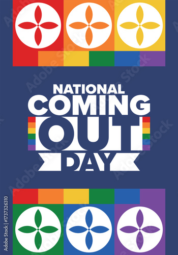 National Coming Out Day. Happy holiday. Pride month. LGBT rainbow flag. Diversity and equality. Gay and lesbian. Free love, heart shape. Illustration. Vector poster