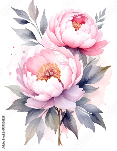 Fototapeta Naklejka Na Ścianę i Meble -  Delicate pink peonies with soft grey leaves