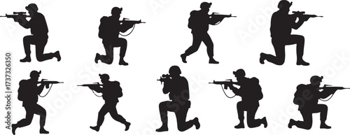 Soldier Silhouette Vector, Military Man Illustration, Army Combat Design, Tactical Weapon Graphic, War Battle Vector, Fighter Pose Symbol, Warrior Silhouette Pack, Military Action Icon, Weapon Trainin