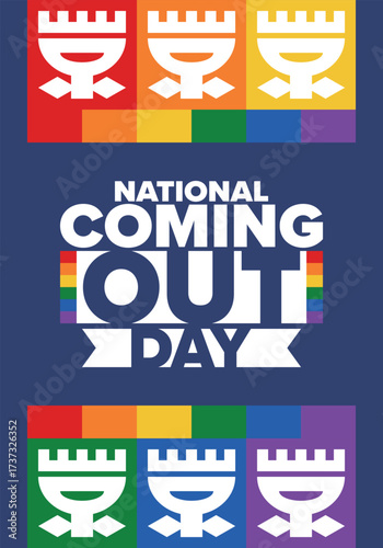 National Coming Out Day. Happy holiday. Pride month. LGBT rainbow flag. Diversity and equality. Gay and lesbian. Free love, heart shape. Illustration. Vector poster