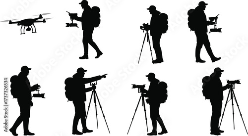 Drone and camera silhouettes, tripod photography, outdoor videography, drone operator,