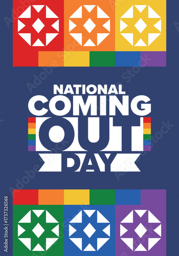 National Coming Out Day. Happy holiday. Pride month. LGBT rainbow flag. Diversity and equality. Gay and lesbian. Free love, heart shape. Illustration. Vector poster