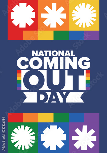 National Coming Out Day. Happy holiday. Pride month. LGBT rainbow flag. Diversity and equality. Gay and lesbian. Free love, heart shape. Illustration. Vector poster