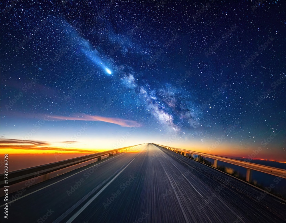 Fototapeta premium Starry night sky over a road leading toward sunset