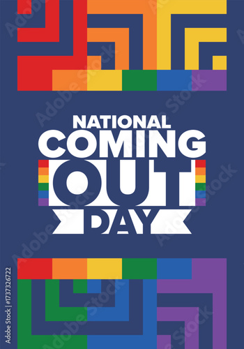 National Coming Out Day. Happy holiday. Pride month. LGBT rainbow flag. Diversity and equality. Gay and lesbian. Free love, heart shape. Illustration. Vector poster