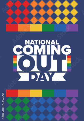 National Coming Out Day. Happy holiday. Pride month. LGBT rainbow flag. Diversity and equality. Gay and lesbian. Free love, heart shape. Illustration. Vector poster