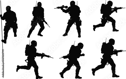 Armed soldier silhouettes, tactical gear, military combat, action poses, warfare concept, security