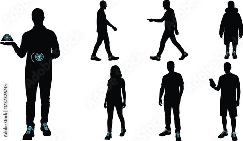 Human silhouette with foot pressure points, wearable technology, biomechanics study, posture