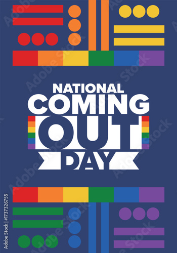 National Coming Out Day. Happy holiday. Pride month. LGBT rainbow flag. Diversity and equality. Gay and lesbian. Free love, heart shape. Illustration. Vector poster