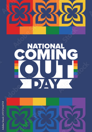National Coming Out Day. Happy holiday. Pride month. LGBT rainbow flag. Diversity and equality. Gay and lesbian. Free love, heart shape. Illustration. Vector poster