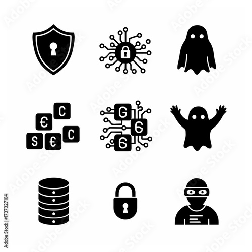 Cybersecurity and Hacker Glyph Icon Set