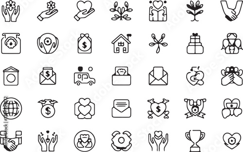 Charity and community icons collection, Social help and support vector, Nonprofit organization symbols illustration, Kindness and donation icons graphics, Community care vector icons set, Heart and vo