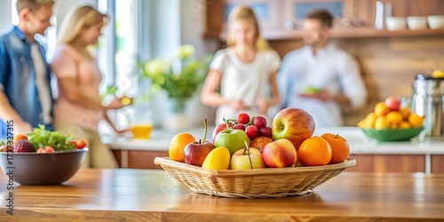 A family preparing food in a bright, modern kitchen with a fruit basket in the foreground.