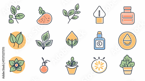 Set of sixteen flat minimalist organic cosmetic and herbal icons including leaves, flower, fruit, liquid drop, spray bottle, and potted plants vector illustration