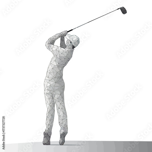 Low poly geometric golfer silhouette swinging golf club in minimalist gray vector illustration with isolated white background for sports concept