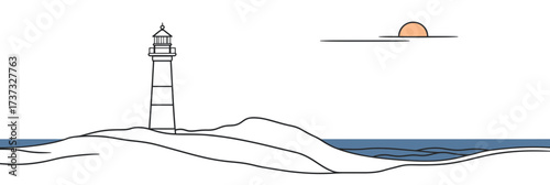 Minimalist continuous line drawing lighthouse landscape with ocean waves and sun on horizon silhouette vector icon design isolated on white background