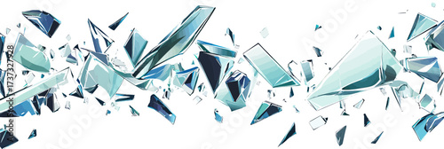 Shattered glass fragments scatter explosion transparent broken pieces sharp edges floating debris in minimal flat vector style on white background