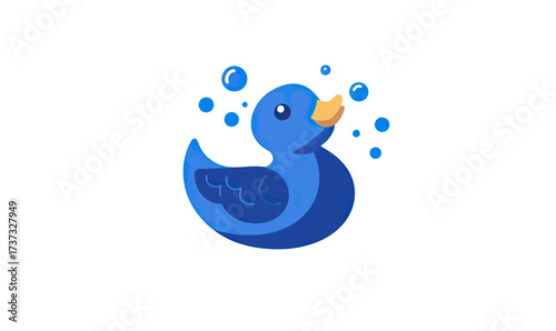 Blue rubber duck with water bubbles floating around isolated on white background flat minimalist vector illustration for bath time and children toy concepts
