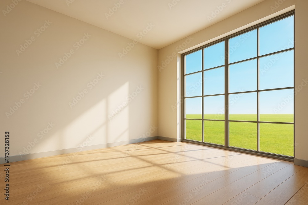 Obraz premium Bright modern interior room with large window, wooden floor and sunlight casting shadows on wall and floor in minimal architectural design.