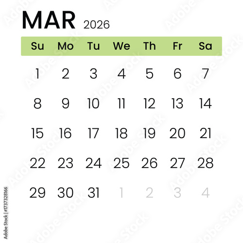 March Monthly Calender Template for 2026