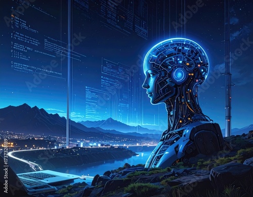 Fototapeta Naklejka Na Ścianę i Meble -  Glowing AI head over city, code streams, scenic backdrop