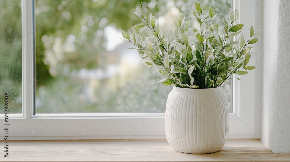 Fototapeta premium Fresh flowers in white vase on windowsill, creating serene atmosphere