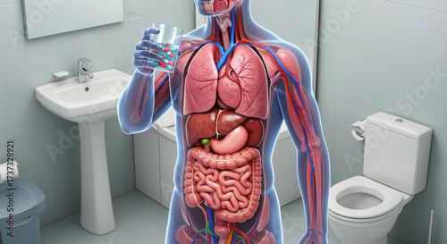 Wallpaper Mural Anatomical illustration of human digestive system and circulatory system in a bathroom setting, showing organs and blood vessels Torontodigital.ca