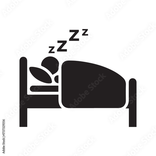 “Sleeping icon. Person resting in bed with ZZZ symbol. Rest, dream, and relaxation pictogram.”
